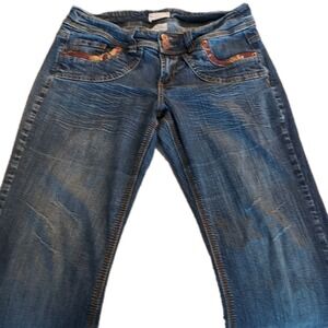 Unknown Brand Jeans Blue With Burgundy/Gold Trim On All Pockets Size14 Inseam 30